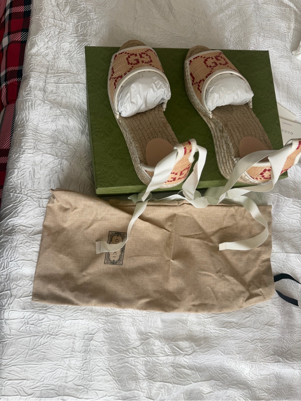 Gucci Red & Beige Canvas Espadrille Slides with Cream Ribbon Ties